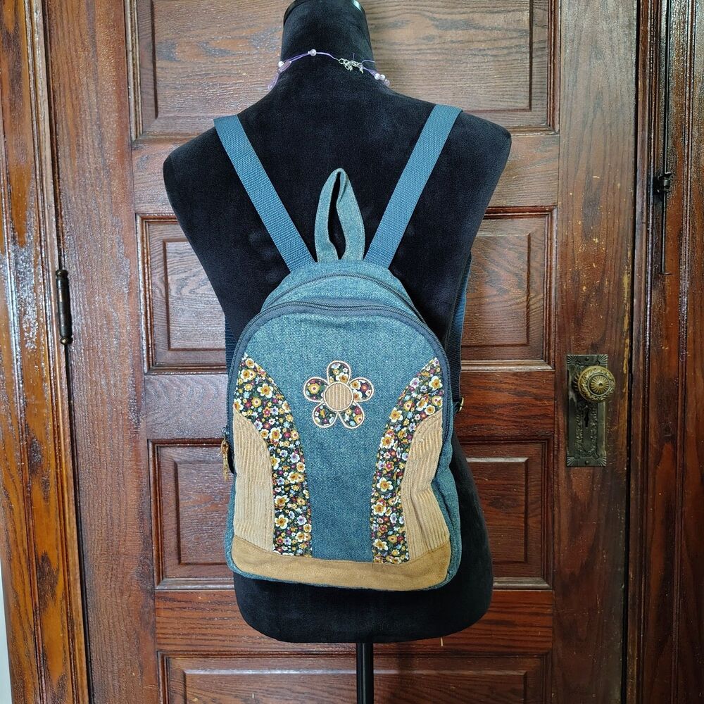 Small Denim Corduroy Floral Hippie Backpack Purse Flower Power